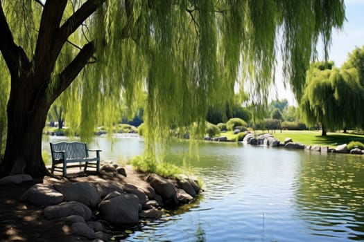 Peaceful Pond with Weeping Willow Trees. Generative AI