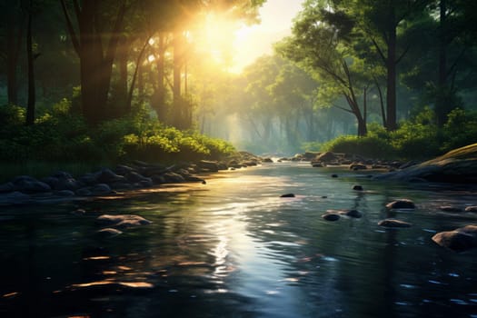 Peaceful River with Dancing Sunlight. Generative AI