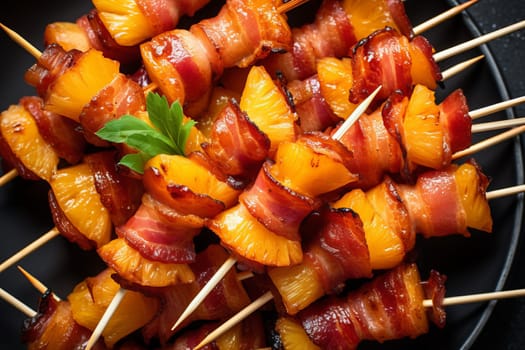 Overhead shot of bacon wrapped pineapple bites. Generative AI