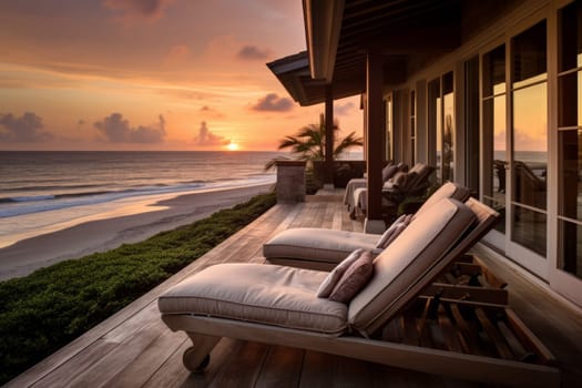 Relaxation at the beach house with lounging chair. Generative AI