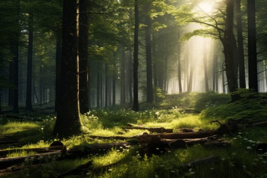 Glade with Sunlight Streaming Through Forest. Generative AI