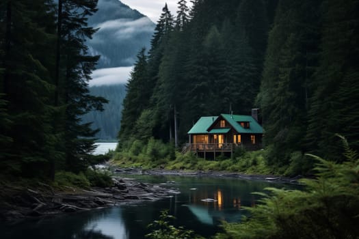 Remote cabin nestled among towering trees. Generative AI