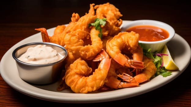 Plate of greasy and crispy fried shrimp. Generative AI