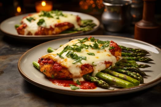 Plates of chicken parmigiana. Generative AI