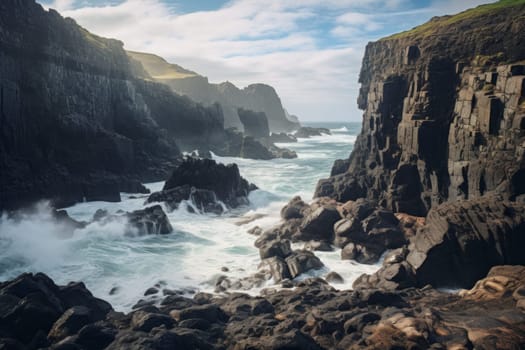 Rocky Coastline with Crashing Waves. Generative AI