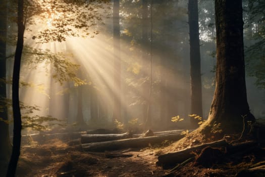Sunlight Streaming Through Misty Forest. Generative AI