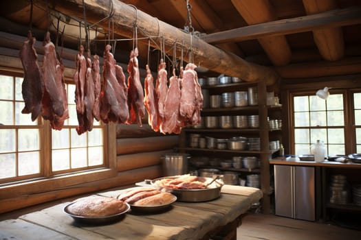 Rustic farmhouse kitchen with bacon. Generative AI