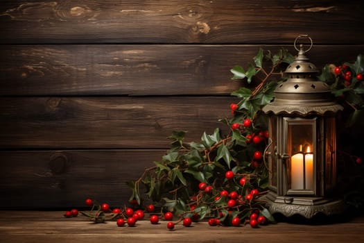 Rustic wooden background with holly berries. Generative AI