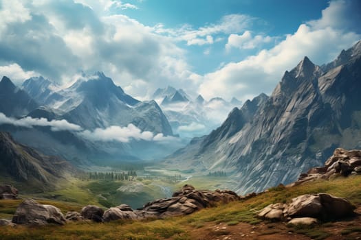 Rugged mountain terrain and vast skies. Generative AI
