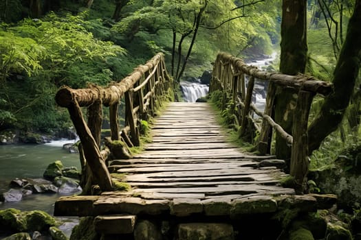 Rustic wooden bridge connecting paths. Generative AI