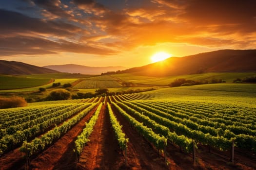 Rolling vineyards with neat rows of grapevines. Generative AI