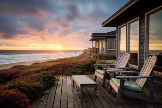Rustic beach cottage with a wooden deck. Generative AI
