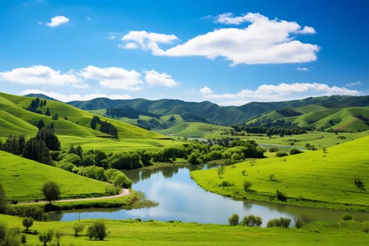 Rolling hills and a clear pond. Generative AI