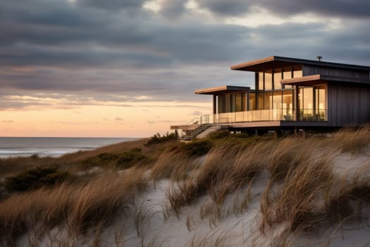 Secluded Beach House Among Dunes. Generative AI