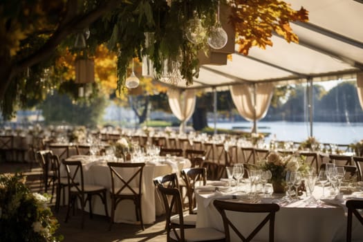 Scenes of outdoor weddings with heating arrangements. Generative AI