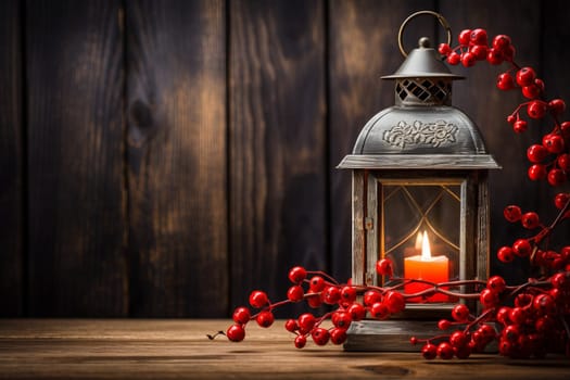 Rustic wooden background with holly berries. Generative AI