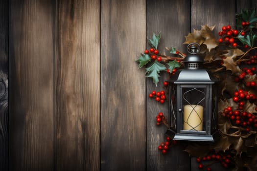 Rustic wooden background with holly berries. Generative AI