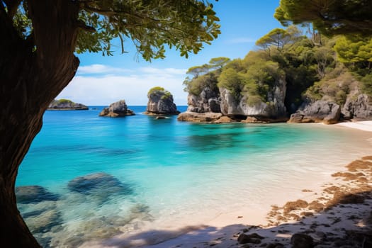 Secluded cove with crystal clear waters and sandy shores. Generative AI