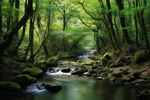 Serene Stream in Lush Vibrant Forest. Generative AI