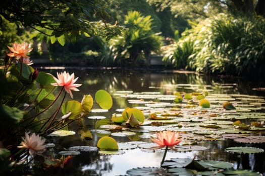 Peaceful Garden Pond with Water Lilies. Generative AI