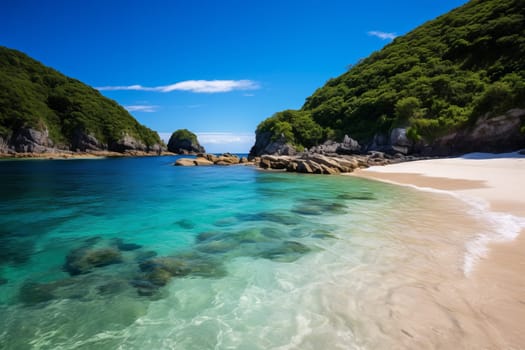 Secluded beach with crystalline waters and untouched sands. Generative AI