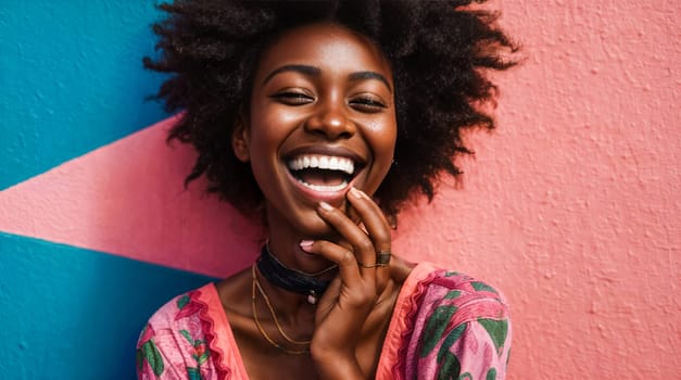 Young African Woman in Traditional Dress with Lively Afro Hairstyle, Expressing Authentic Happiness Against a Vibrant Pink and Blue Background