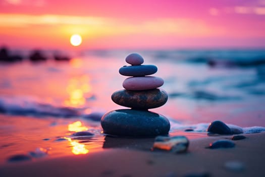 A stack of rocks sitting on top of a sandy beach. Generative AI