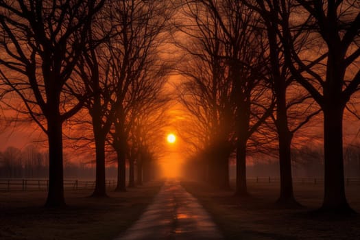 Sunset Behind Distant Trees with Warm Glow. Generative AI