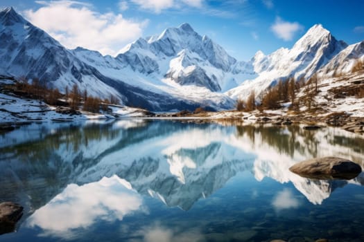 Snow-Capped Peaks Reflecting in Alpine Lake. Generative AI