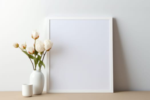 White vase with flowers next to a picture frame. Generative AI