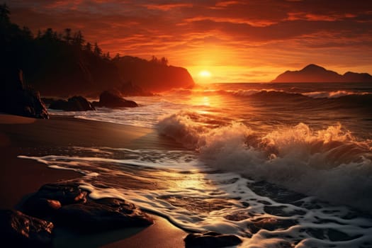 The shoreline illuminated by the rising sun. Generative AI