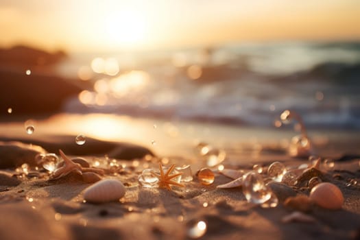 A close up of sand and shells on a beach. Generative AI