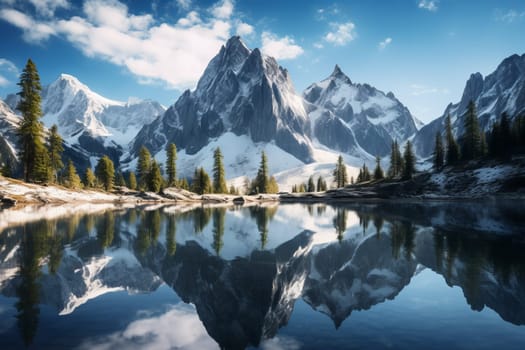 Towering peaks reflected in a glassy alpine lake. Generative AI