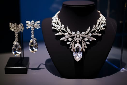 Jewelry set displayed in a glass case. Generative AI
