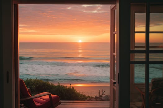 Sunrise Over Ocean from Cozy Beach House. Generative AI