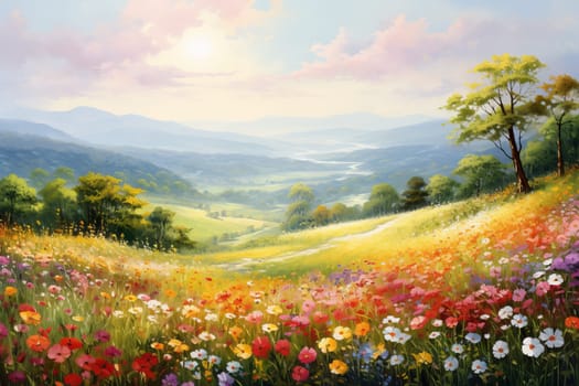 Sunlit meadow dotted with colorful blossoms. Generative AI
