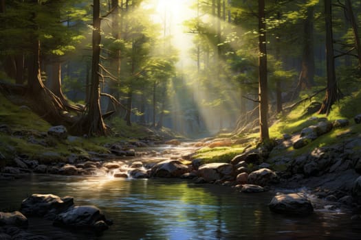 Sunlit Glen with Winding Stream. Generative AI