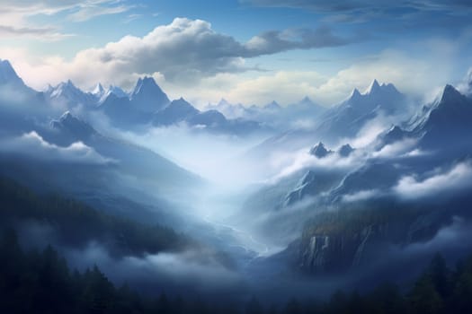 Tranquil with Misty Mountains. Generative AI