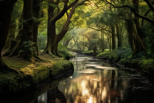Towering trees and a meandering stream. Generative AI