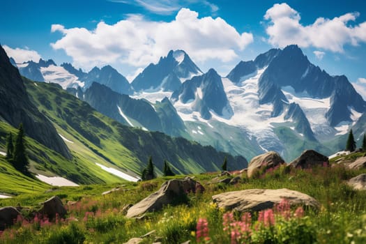 Towering peaks and alpine meadows. Generative AI
