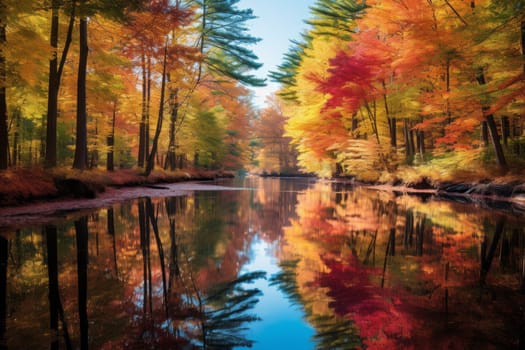 Reflective Pond with Vibrant Fall Colors. Generative AI