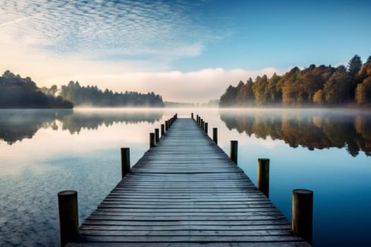 Tranquil Lake Scene with Wooden Jetty. Generative AI