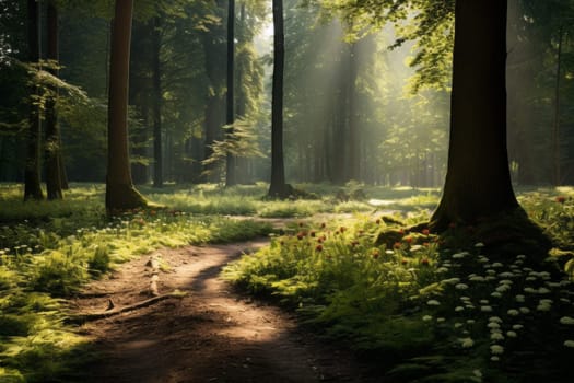 Tranquil forest glade with a small sunlit. Generative AI