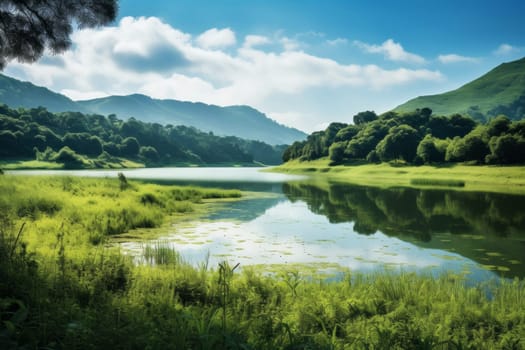 Tranquil lake surrounded by lush greenery. Generative AI