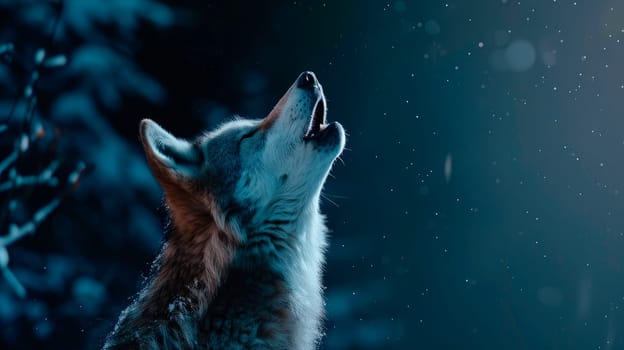 A close-up of an adult wolf (canis lupus) howling at night. AI generated