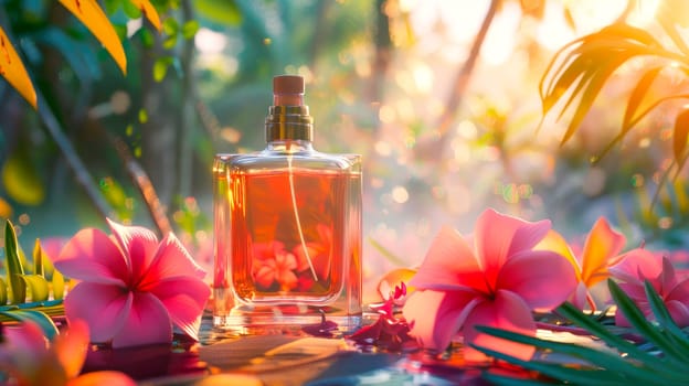 Fragrance bottle, perfume product on background of sunny tropical jungle. AI generated