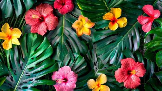 Beautiful background with tropical leaves and flowers. Seamless jungle wallpaper background. AI generated