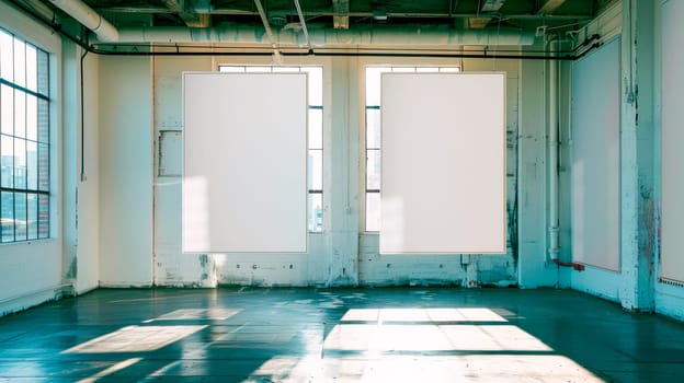 Two blank frame hanging from the ceiling of a bright empty room. Copy space. AI generated