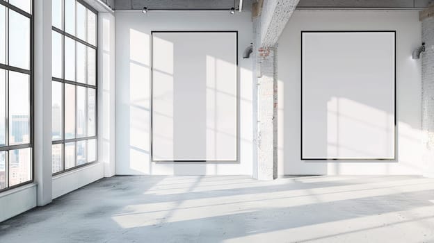 Two blank frame hanging from the ceiling of a bright empty room. Copy space. AI generated