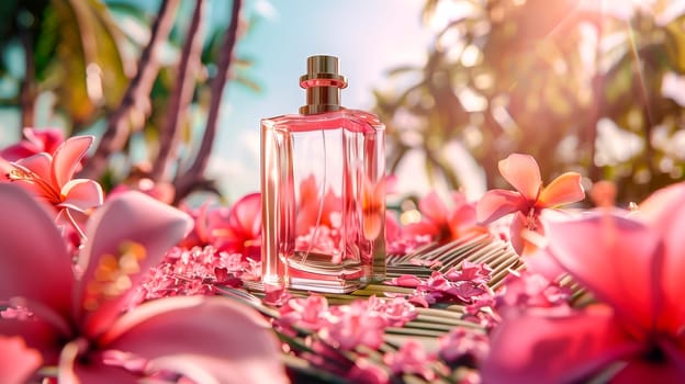 Fragrance bottle, perfume product on background of tropical jungle. AI generated